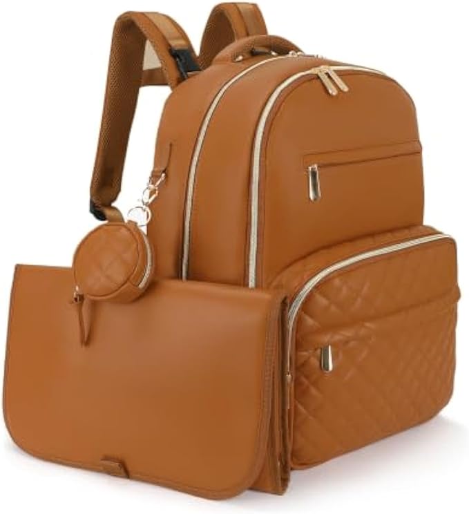 Award-Winning Premium Leather Diaper Bag Backpack – Stylish, Durable, Waterproof Vegan Leather with PEVA Changing Pad & Baby Headrest, Travel-Friendly, Organized for Busy Parents