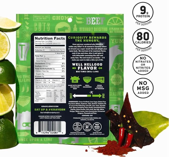KRAVE Zero Sugar Beef Jerky, Sea Salt, Chili Lime, Sweet Chipotle - (Variety Pack) - All Natural 100% Grass Fed Beef - Protein Packed Keto Snacks Roasted for Maximum Flavor - Gluten Free - 2.7 Ounce (Pack of 4)