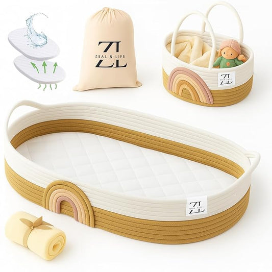 ZEAL'N LIFE Luxury Baby Changing Basket Set – All-in-One Nursery Gift Bundle with Diaper Organizer, Cozy Blanket, Waterproof Pad & Tote Bag – Moses Basket for Newborns, Perfect Baby Nursey Gift