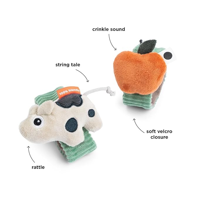 Done by Deer Wrist Rattle Set for Babies – 2-Pack Dotti – Newborn Sensory Toys with Crinkle & Rattle – Green Baby Bracelets for Wrist or Ankle – from 0 Months