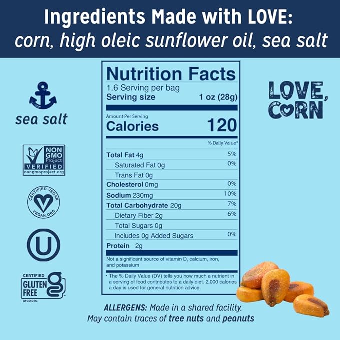 LOVE CORN Sea Salt 1.6oz x 10 Bags - Delicious Crunchy Corn - Healthy Family Snacks - Gluten Free, Kosher, NON-GMO - Alternative for Chips, Nuts, Crackers & Pretzels - Perfect for Charcuterie Boards