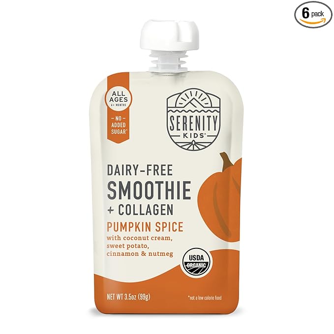 Serenity Kids 6+ Months Pumpkin Smoothie Baby Pouch Food - Dairy-Free USDA Organic - Grass-Fed Collagen & Protein - 3.5 Oz, 6 Pack