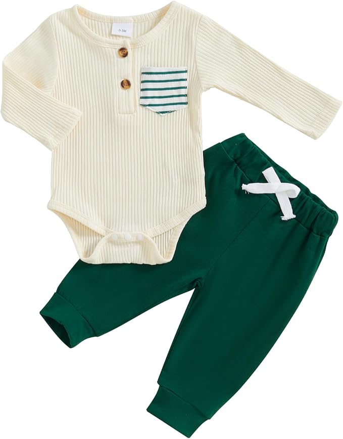 fhutpw Baby Boy Clothes 3 6 12 18 Months Ribbed Knitted Long Sleeve Romper and Pants Sets Newborn Fall Splicing Color Outfits