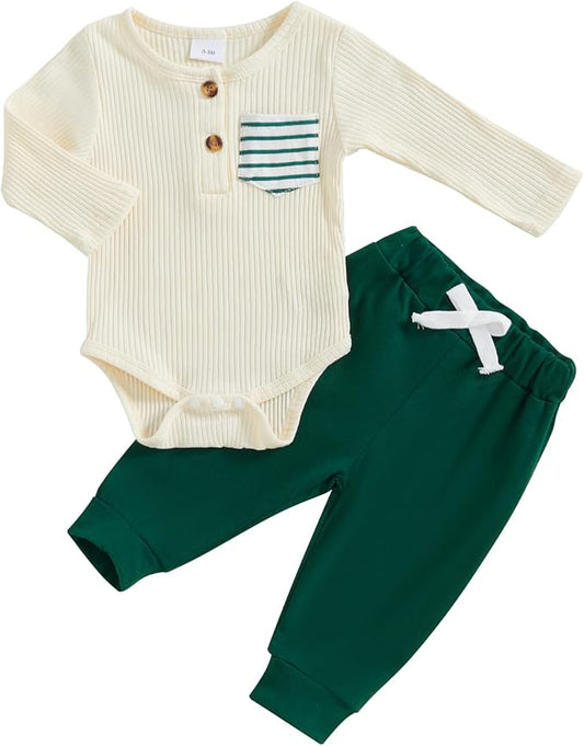 fhutpw Baby Boy Clothes 3 6 12 18 Months Ribbed Knitted Long Sleeve Romper and Pants Sets Newborn Fall Splicing Color Outfits