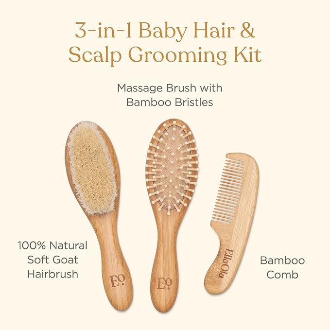 ELLAOLA Natural Bamboo Hair Brush & Comb Set, 3 Piece - Cradle Cap Brush, Massage Hair Brush, Bamboo Comb for Toddlers, Newborns & Infants I Baby Registry Gift