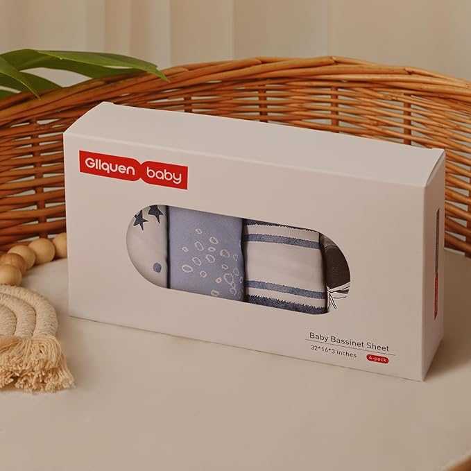 Gllquen Baby Bassinet Sheets 4 Pack, Breathable Cozy Fitted Mattress Sheet, Elastic Travel Crib Fashionable Pattern, Standard Cradle Safe Sheets for Baby Boys Girls 32"x16"(Astronaut)