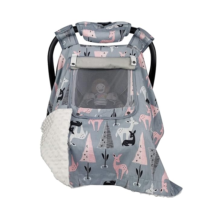 ICOPUCA Car Seat Covers for Babies Unisex Newborn, Carseat Cover Girls/boy with Handle Cushion, Suit Spring Autumn Winter, Deer, Cotton & White Minky;