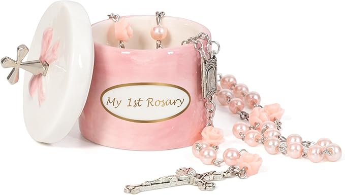 Baptism Gifts for Girl My First Pink Rosary Keepsake Box – Catholic Pink Rosary Box for Kids, Christening Baptism Decor for Kids, First Communion Keepsake Set from Godmother, Baby Girl Dedication Gift