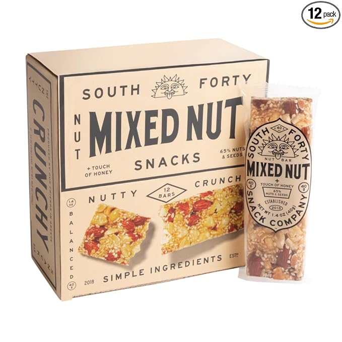South 40 Snacks Mixed Nut Bar, Just 7 Ingredients, Touch of Honey (40g Bar, Pack of 12)