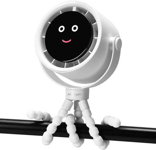 Stroller Fan Portable, Personal Fan for Travel, Air Turbo Tech & Digital display, Detachable 5 Speeds Rechargeable 360° Rotate Flexible Tripod, For Home Office Stroller (White)