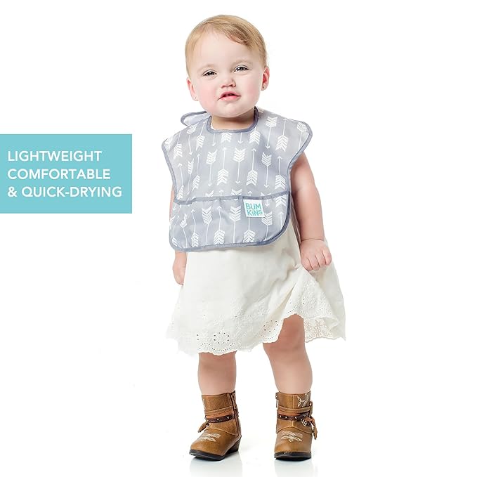 Bumkins Bibs for Girl or Boy, SuperBib Baby and Toddler for 6-24 Mos, Essential Must Have for Eating, Feeding, Baby Led Weaning Supplies, Mess Saving Catch Food, Waterproof Soft Fabric, Gray Arrows