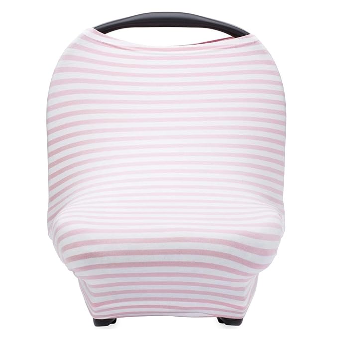 Parker Baby 4 in 1 Car Seat Cover for Girls - Stretchy Carseat Canopy, Nursing Cover, Grocery Cart Cover, Infinity Scarf - Pink/White Stripes