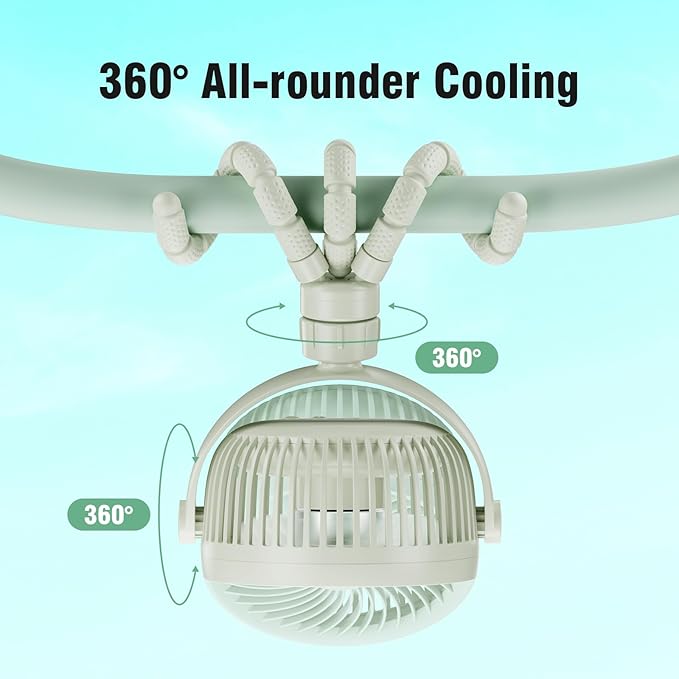 Small Battery Operated Clip-on Versatile Fan with Flexible Tripod, 5000 mAh Portable Stroller Fan, Rechargeable Desk Fans, 4 Speeds, Max 26 hours, USB Powered,360°Rotation, for Car, Camping Outage