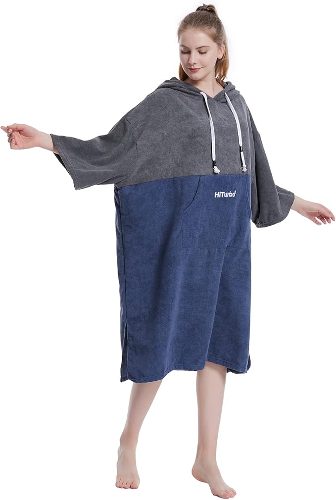 Hiturbo Changing Robe, Absorbent Quick Dry Surf Poncho, 3/4 Sleeve Microfiber Hooded Towel for Beach Swimming Surfing Bathing