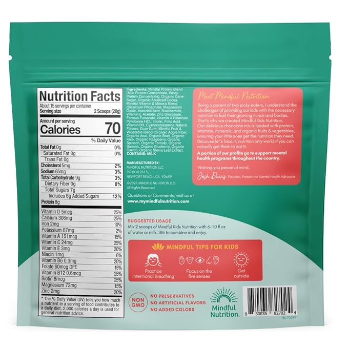 Kids Protein Powder Shake Mix, Organic Fruit and Vegetable Green Superfoods, Vitamins, Minerals, Healthy Chocolate Milk Snack for Toddlers, Kids, Teens and Adults 12.7oz