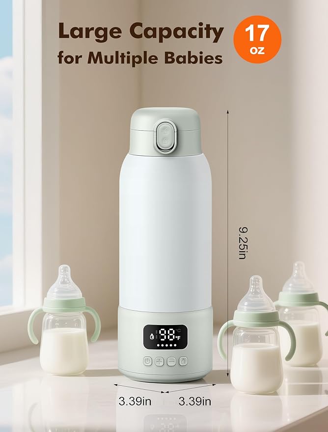 Portable Bottle Warmer for Travel - Baby Bottle Warmer for Breast Milk & Water, Milk Warmer with Fast Heating, 17 Ounces Large Capacity and Long Battery Life for Car Airplane Outdoor (Green)