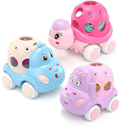 Baby Girl Toy Cars for Toddlers 1-3, Push and Go Rattle Cars for Baby Toy 6-9-12-18 Months, First Birthday Gifts for 1 2 Year Old Girls, Infant Pink Friction Truck Set