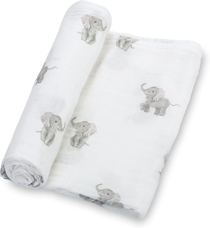LollyBanks Muslin Swaddle Blankets, Large 47 x 47 Inches Baby Blanket for Boys and Girls, 100% Cotton Baby Swaddle Blanket, Newborn Receiving Blanket for Swaddling, Registry (Baby Elephant Print)