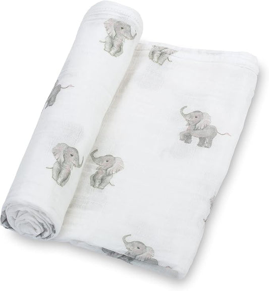 LollyBanks Muslin Swaddle Blankets, Large 47 x 47 Inches Baby Blanket for Boys and Girls, 100% Cotton Baby Swaddle Blanket, Newborn Receiving Blanket for Swaddling, Registry (Baby Elephant Print)