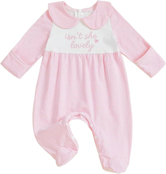 Newborn Baby Girl Footed Romper Onesie Little Sister Embroidery Fall Clothes Coming Home Outfit Vintage Jumpsuit