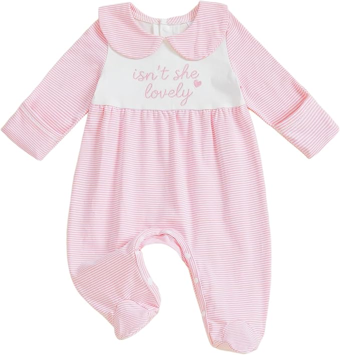 Newborn Baby Girl Footed Romper Onesie Little Sister Embroidery Fall Clothes Coming Home Outfit Vintage Jumpsuit