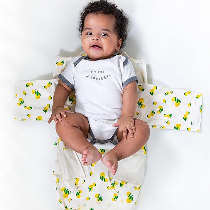 Happiest Baby Sleepea 5-Second Swaddle - 100% Organic Cotton Baby Swaddle Blanket - Doctor Designed Promotes Healthy Hip Development (Ivory Lemons, Small)