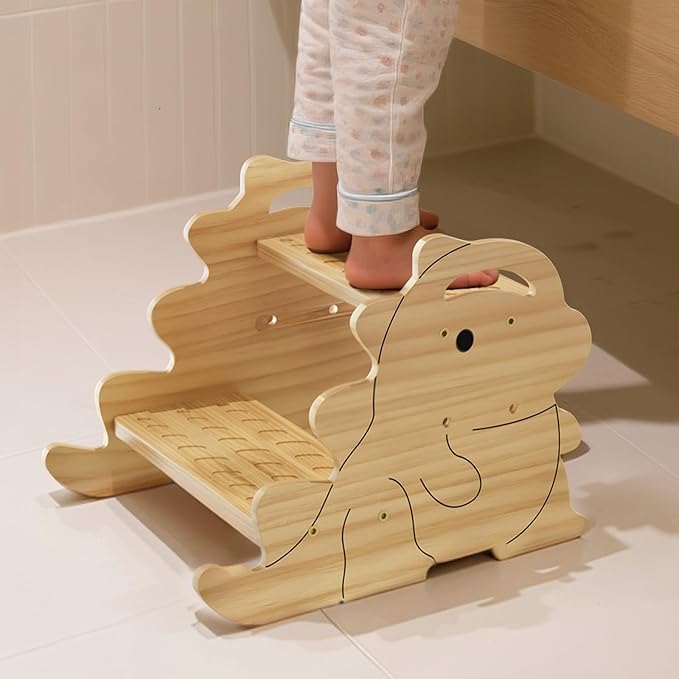 COSYLAND 2 Step Stool for Kids – Height Adjustable Non-Slip Toddler Stepping Stool for Bathroom Sink & Potty Training - Stable Dinosaur Shaped Kids Stool for Kitchen, Bedroom & Home (Natural)