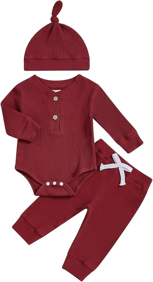 Newborn Baby Boy Clothes Long Sleeve Ribbed Bodysuit Pants Hat 3-Piece Outfit Set