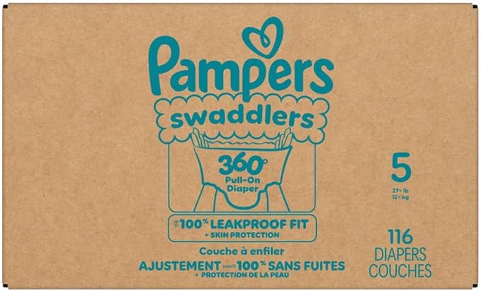 Pampers Diapers - Swaddlers 360° - Size 5, 116 Count, up to 100% Leakproof Comfy Dry Fit, Designed for Easy Changes, Pull On Baby Diaper (Packaging May Vary)