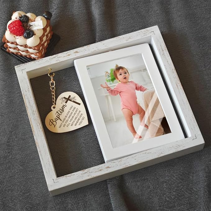 Rotating Floating Baby Blessings Baptism Picture Frame Gifts for Baby Girl Boy, Baby Baptism Christening Religious Frame Gift from Godparents Friends, Baby Shower Frame Gifts for New Baby with Card