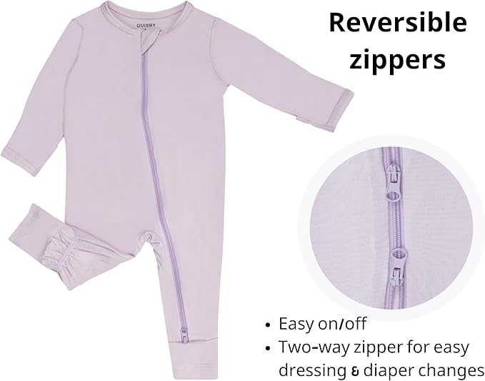 GUISBY Baby Pajamas with Mitten Cuffs - 3Pcs Girls Boys 2 Way Zipper Long Sleeve Rayon Sleepers