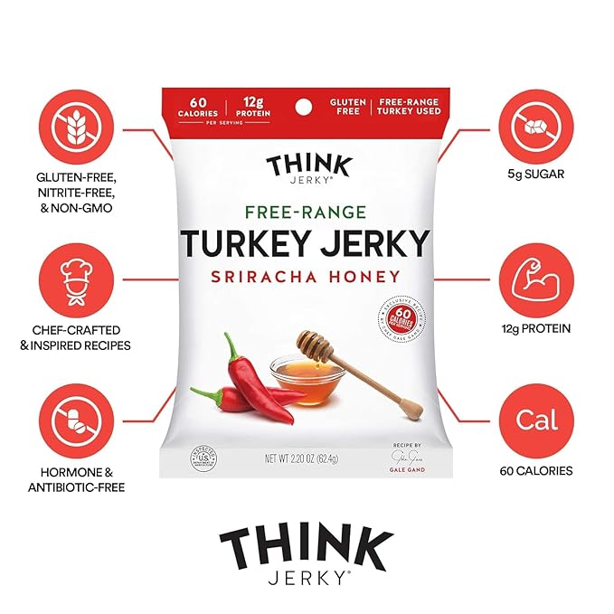 Think Jerky Beef and Turkey Jerky Variety, Original, Sweet Chipotle, Sriracha Honey, Sesame Teriyaki, Healthy Meat Snack, Low Calorie Low Fat - 2.2 oz Bags, 4 Pack, 1 of Each