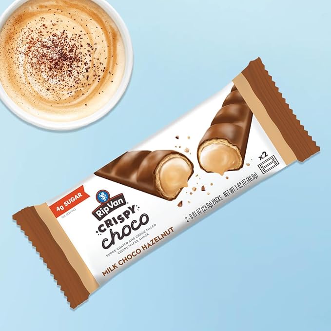 Rip Van Crispy Choco - Chocolate Coated Hazelnut Wafer Bars - Low Sugar Fudge and Hazelnut Cream Filled Snack - 12 Pack