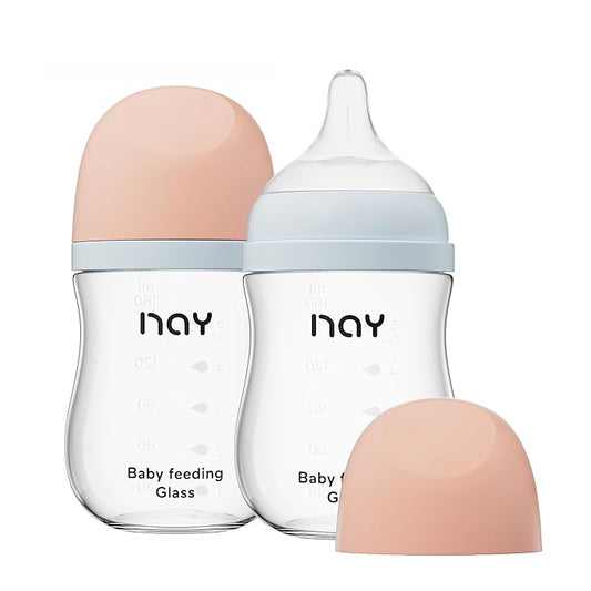Natural Glass Baby Bottle Wide Neck, Anti-Colic Baby Bottle, Clear, 5.4oz(Pack of 2), Includes 2Pcs Natural Response Nipple(S), 1 Months+