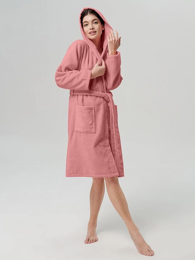 SIORO Womens Hooded Terry Cloth Robe, Cotton Absorbent Knee-Length Bathrobe, Housecoat with Pockets for Spa & Shower