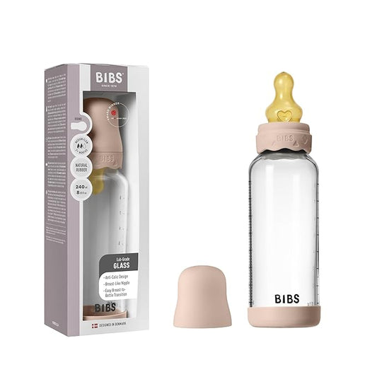 BIBS Boheme Baby Glass Bottle 8 oz /240 ml. Anti-Colic. Round Natural Rubber Latex Nipple. Supports Natural Breastfeeding - Blush