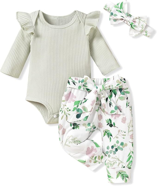 Aalizzwell Preemie Newborn Infant Baby Girls Clothes Ribbed Romper Bodysuit Pants Set Fall Winter Outfits