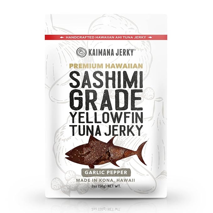 Kaimana Ahi Tuna Jerky Garlic Pepper 2 Ounce - Soft and Tasty - Premium Fish Jerky Made in the USA. High in Omega 3's, All Natural and Wild Caught
