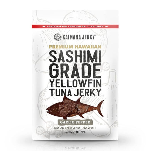 Kaimana Ahi Tuna Jerky Garlic Pepper 2 Ounce - Soft and Tasty - Premium Fish Jerky Made in the USA. High in Omega 3's, All Natural and Wild Caught