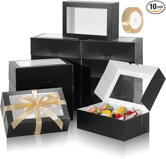 COTOPHER 10Pcs Cookie Boxes with Ribbons, 9x6x3 Inch Bakery Boxes with Window, Black Treat Containers for Pastries, Chocolate Covered Strawberries, Dessert, Easter Candy, Muffins, Donuts