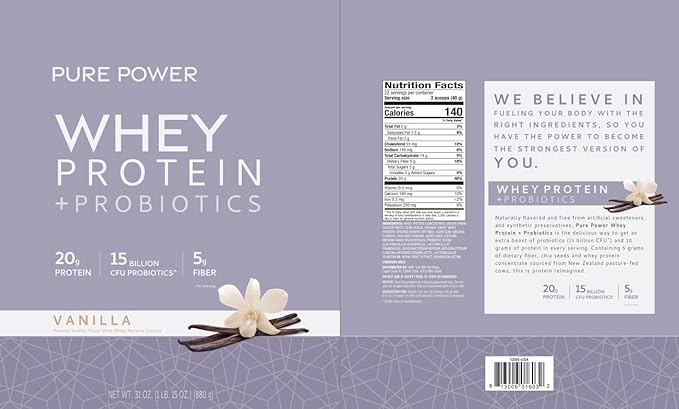 Dr. Mercola Pure Power Whey Protein + Probiotics - 15 Billion CFU - Gut, Muscle & Immune Support - with MCTs & Fiber - Non-GMO & Gluten-Free - 31 oz (22 Servings) - Vanilla