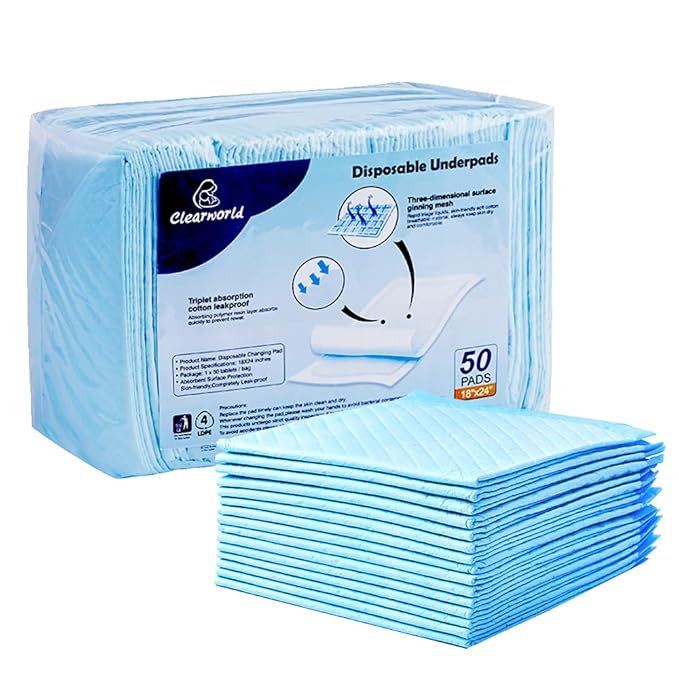 Clearworld 50 Pack Disposable Changing Pad, Waterproof Baby Disposable Underpads, Portable Diaper Changing Mat 3-Layer Leak-Proof,Breathable,Comfortable Always Keep Skin Dry 24”x18”