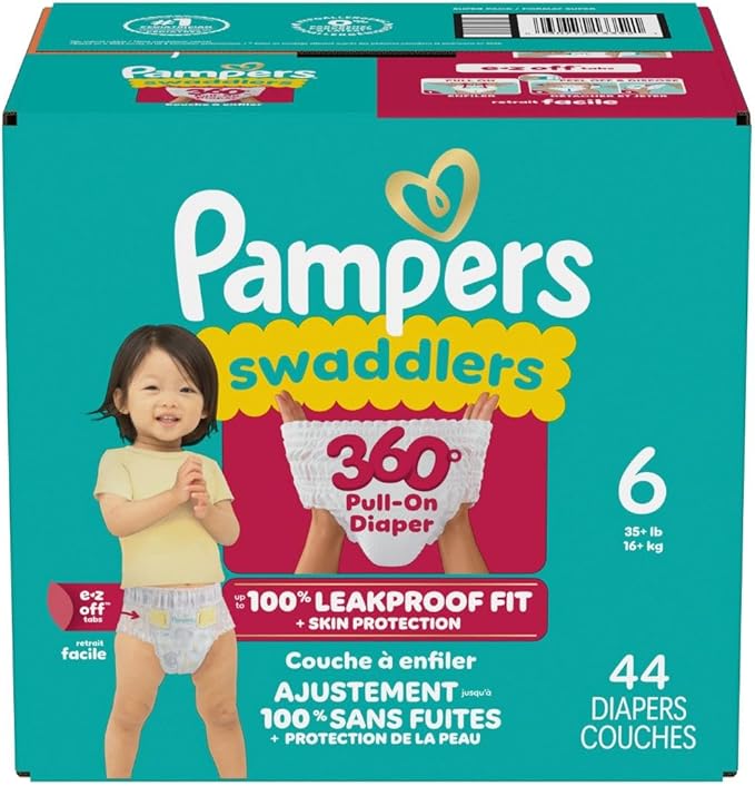 Pampers Diapers - Swaddlers 360° - Size 6, 44 Count, up to 100% Leakproof Comfy Dry Fit, Designed for Easy Changes, Pull On Baby Diaper (Packaging May Vary)
