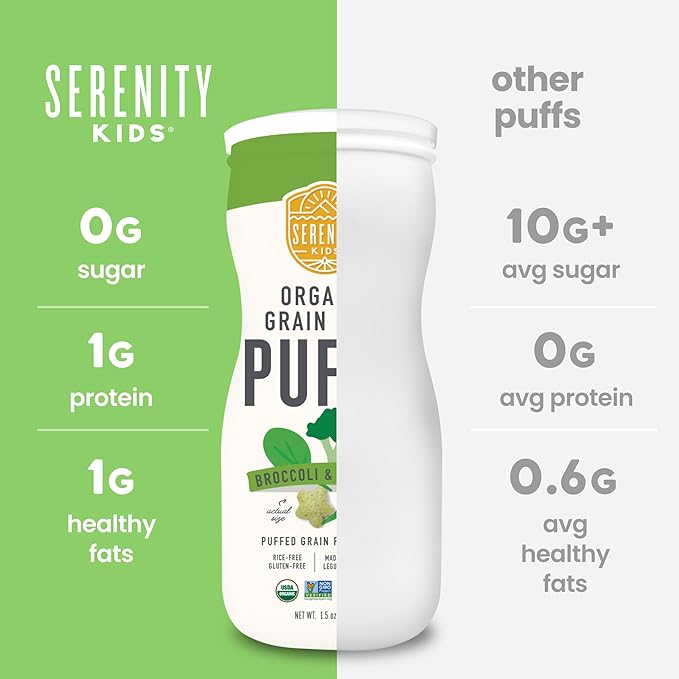 Serenity Kids 6+ Months Grain-Free Allergen-Safe Puffs for Toddlers & Babies - No Grains, Gluten, Nuts, Rice - Organic Veggies, Legumes, Olive Oil (1.5 Ounce (Pack of 6), Broccoli & Spinach)