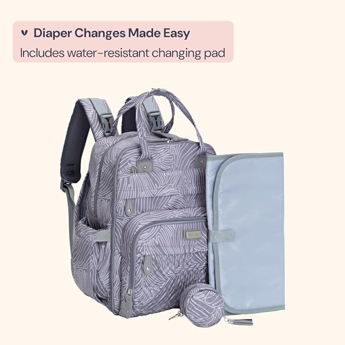 BabbleRoo Diaper Bag Backpack - Baby Essentials Travel Tote - Multi Function Water Resistant Diaper Bag, Travel Essentials Baby Bag with Changing Pad, Stroller Straps & Pacifier Case - Grey Swirls
