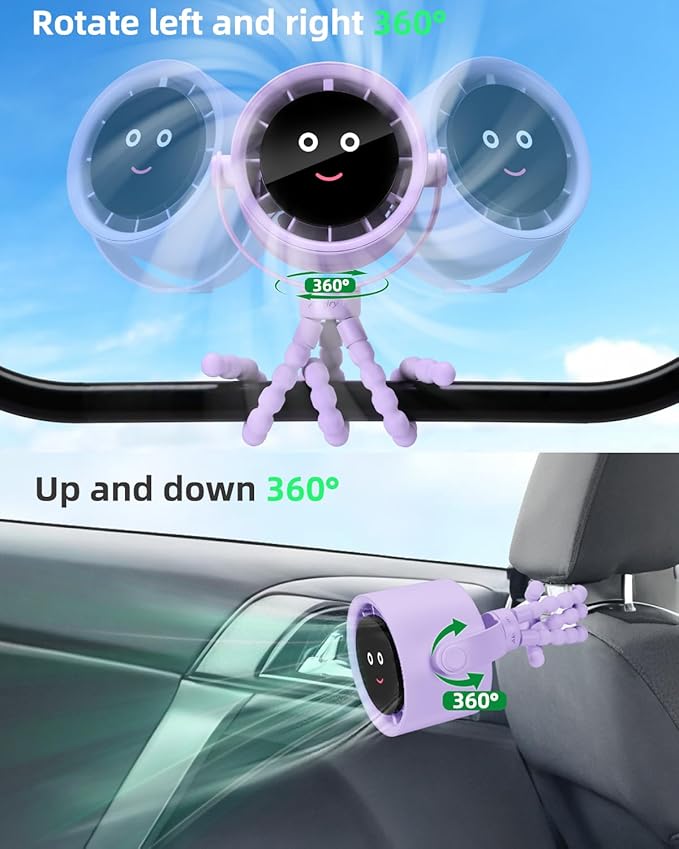 Stroller Fan Portable, Personal Fan for Travel, Air Turbo Tech & Digital display, Detachable 5 Speeds Rechargeable 360° Rotate Flexible Tripod Fan, For Home Office Stroller Camping - Purple