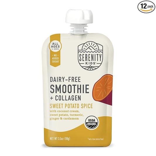 Serenity Kids 6+ Months Dairy-Free Organic Baby Food Smoothie Pouch - BPA-Free & Grass-Fed Collagen Protein Smoothie - 3.5 Oz, 12 Pack