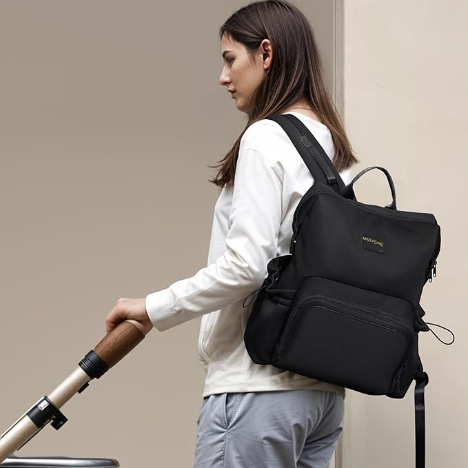 miss fong Diaper Bag Backpack - Baby Diaper Bag Neoprene Bag Large Capacity Neoprene Backpack with Diaper Changing Pad Travel Diaper Backpack Baby Backpack with 12 Pockets for Mom & Dad -Black