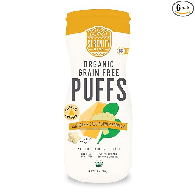 Serenity Kids 6+ Months Grain-Free Allergen-Safe Puffs for Toddlers & Babies - No Grains, Gluten, Nuts, Rice - Organic Veggies, Legumes, Olive Oil (1.5 Ounce (Pack of 6), Cheddar & Cauliflower Spinach)