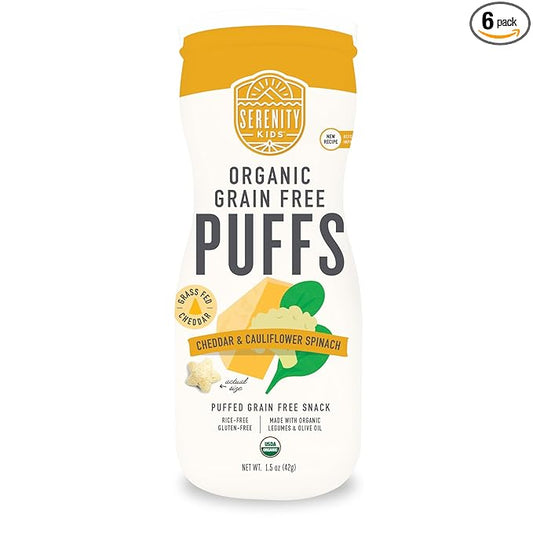 Serenity Kids 6+ Months Grain-Free Allergen-Safe Puffs for Toddlers & Babies - No Grains, Gluten, Nuts, Rice - Organic Veggies, Legumes, Olive Oil (1.5 Ounce (Pack of 6), Cheddar & Cauliflower Spinach)